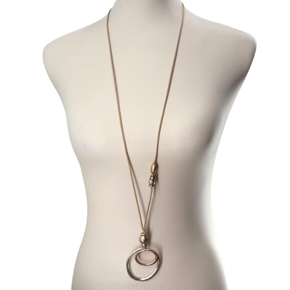J. Jill Mixed Metal Necklace Double Circle Pendant Cord Adjustable Modern Earthy - Picture 6 of 11